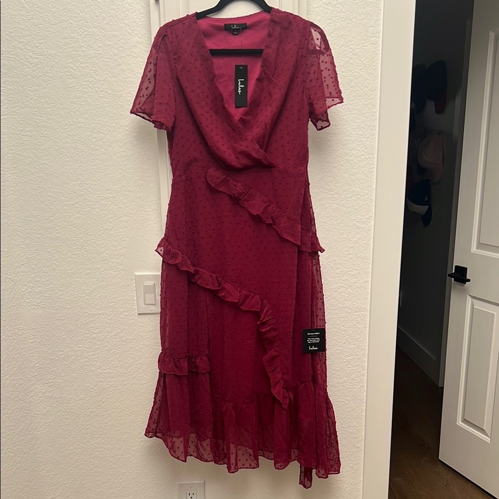 Lulu's Burgundy Midi Dress with Ruffles